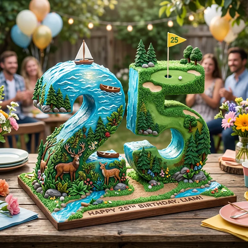 Stunning 25th Birthday Cake with Nature and Adventure Themes