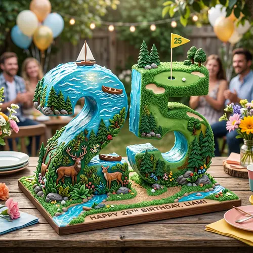 Stunning 25th Birthday Cake with Nature and Adventure Themes