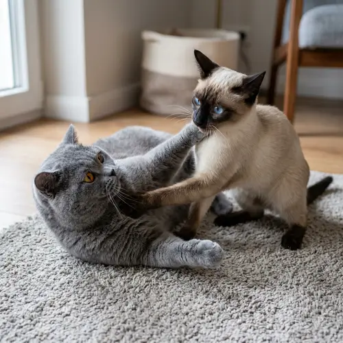 Adorable British Shorthair and Siamese Cats Wrestling | Playful Interaction
