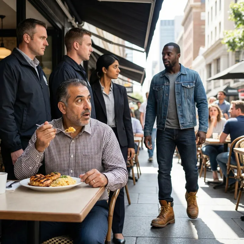 Diverse Cultural Scene: Person Enjoying Food Surrounded by Guards, Confronted by New Arrival