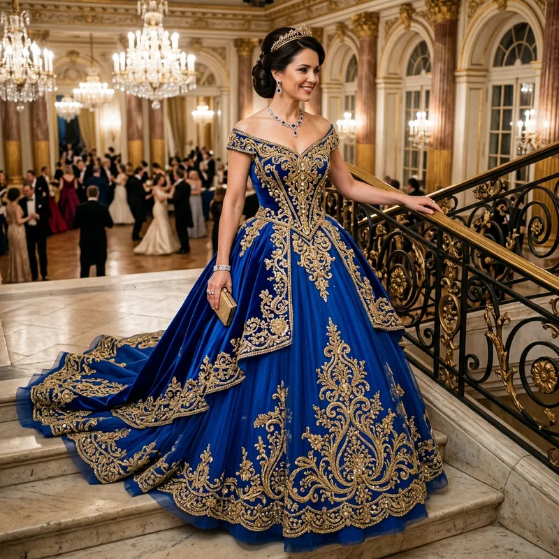 Elegant Blue and Gold Ball Gown for Grand Events