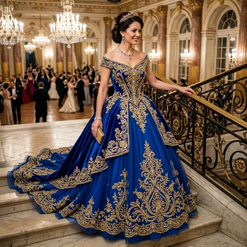 Elegant Blue and Gold Ball Gown for Grand Events