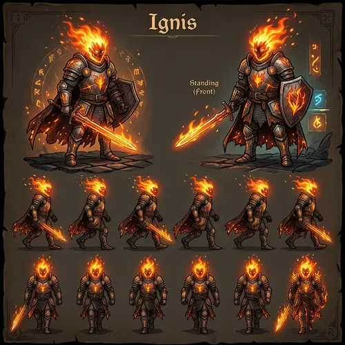 Medieval Style 2D Video Game Character Design - Fiery Head & Magical Energy
