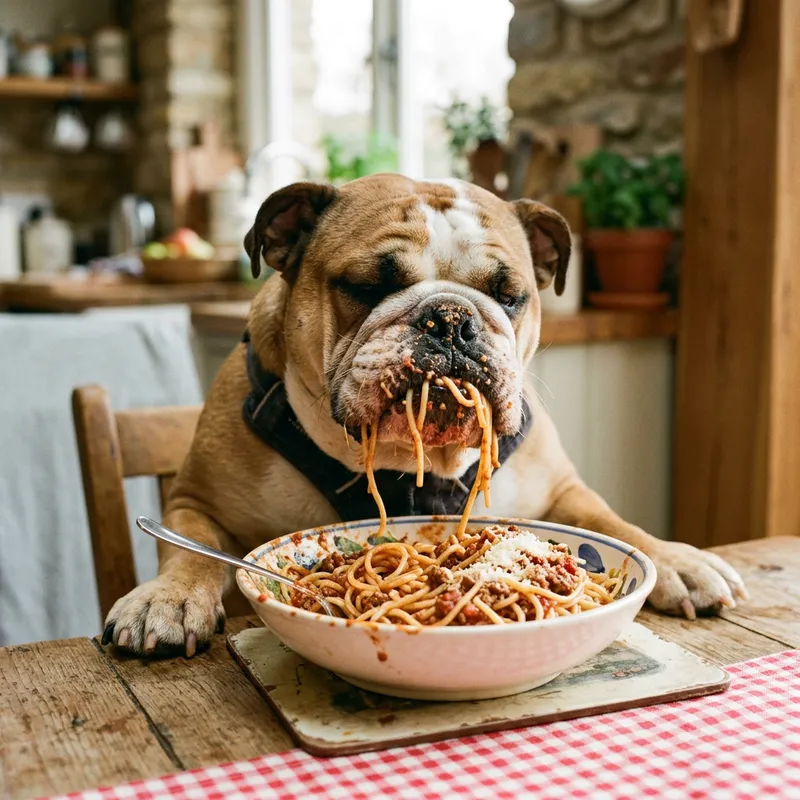 Bulldog Eating Noodles - Adorable Pet Moment