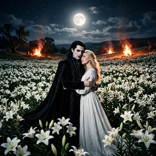Supernatural Scene: Male Vampire Embracing Blonde Girl in Field of Lilies