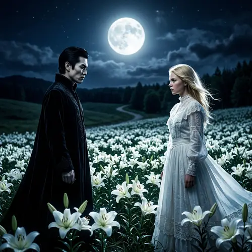 Moonlit Encounter: Asian Male Vampire Bites Blonde Girl in White Dress