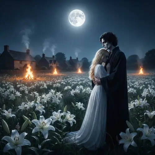 Serene Full Moon Night with White Lilies and Vampire Embrace