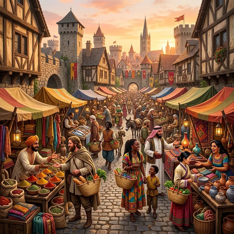 Lively Medieval Trading Scene in a Diverse Marketplace