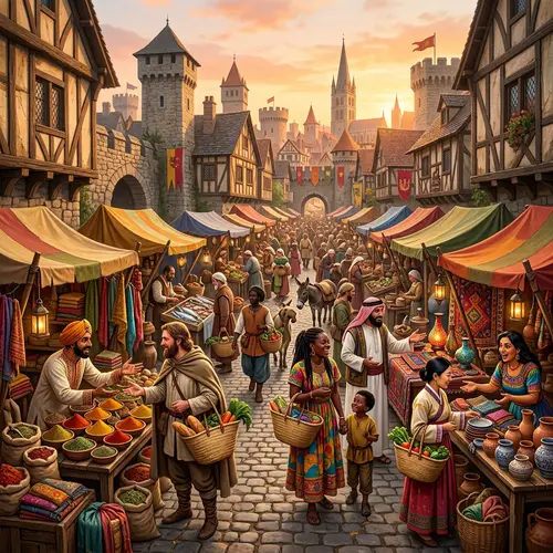 Medieval Marketplace with Diverse Traders and Shoppers