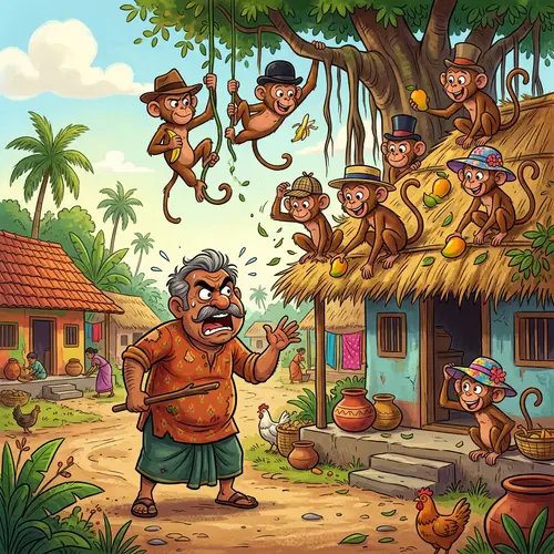 Charming Rural Village Scene with South Asian Villager and Whimsical Monkeys