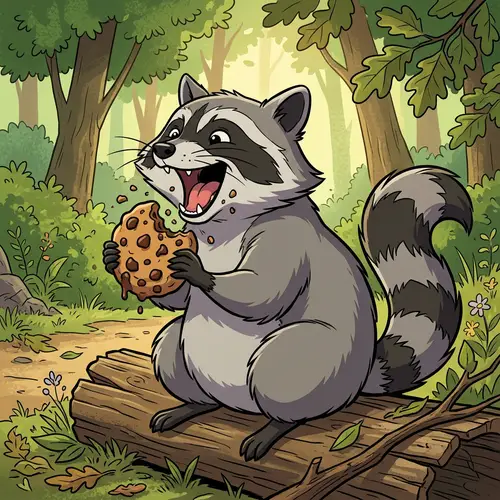 Jovial Raccoon Enjoying Chocolate Chip Cookie | Cell Shading Style