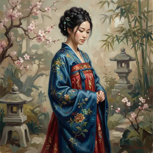 Elegant East Asian Woman in Traditionally-Inspired Gown