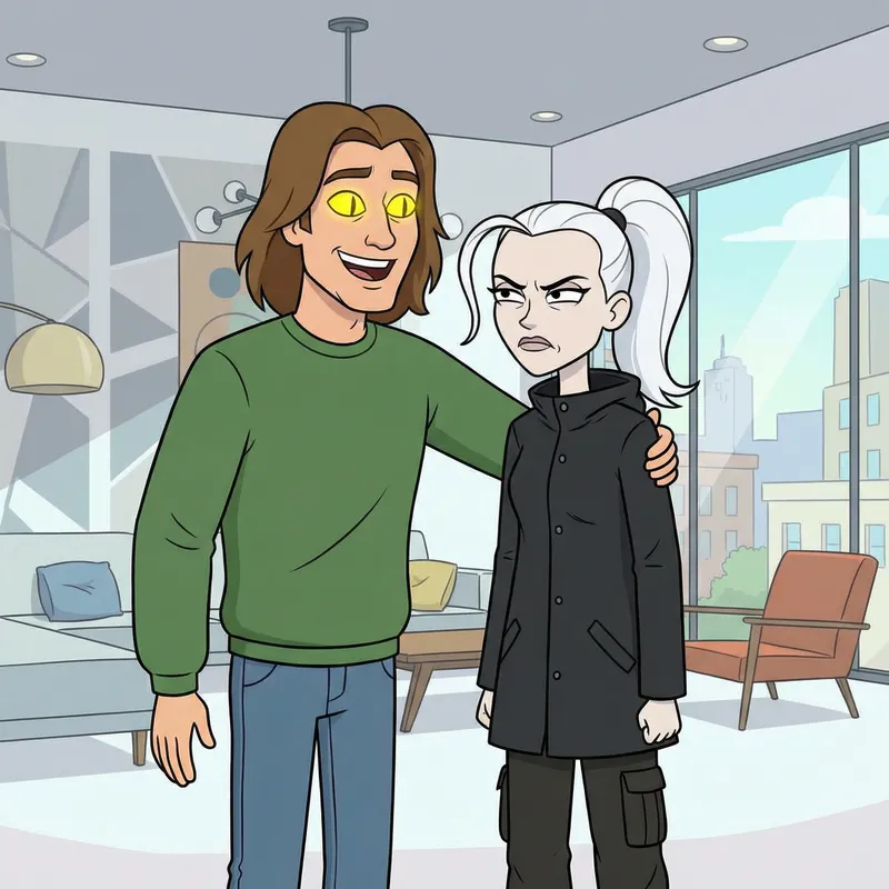 Gravity Falls Style Cartoon of Smiling Man and Displeased Woman Embracing in Modern Room