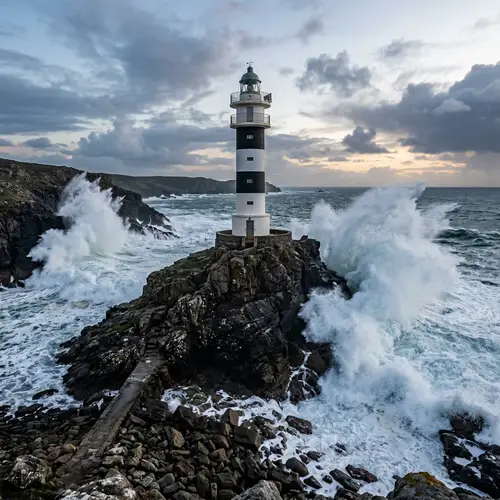 Black and White Striped Lighthouse by the Waves