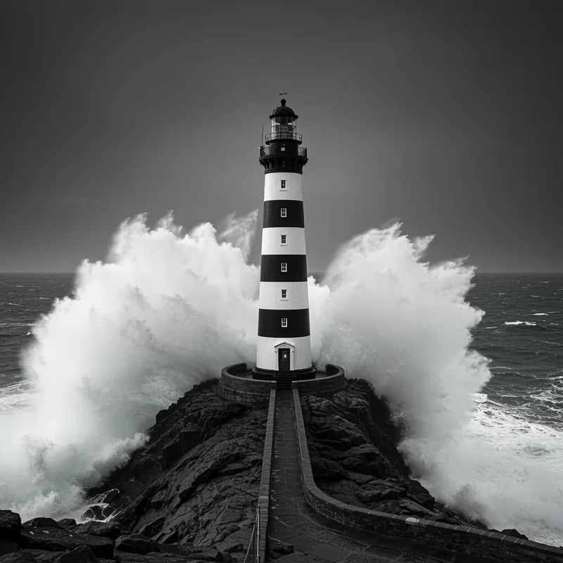 Black and White Striped Lighthouse by the Waves