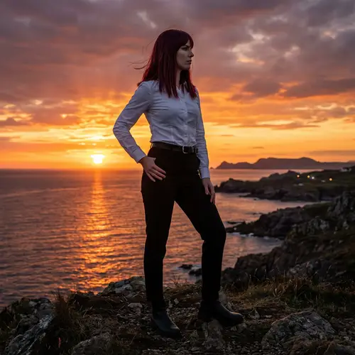 Mysterious Woman in White Shirt and Black Trousers Standing Tall