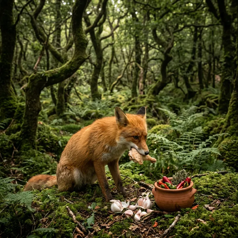 Fox with Chicken and Garlic in Enchanted Forest Scene