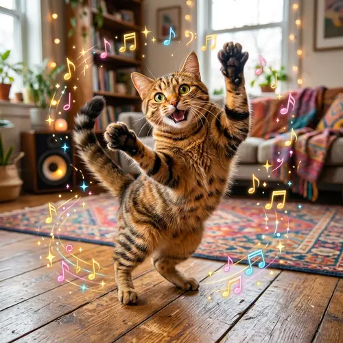 Energetic Tabby Cat Dancing | Enthralling Scene with Trendy Vibe