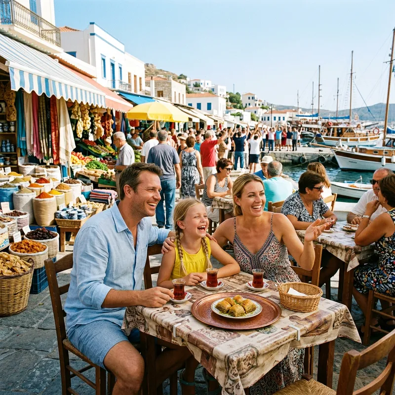 Family Joy at Mediterranean Market: Fresh Baklava, Tea, Laughter & Cheers