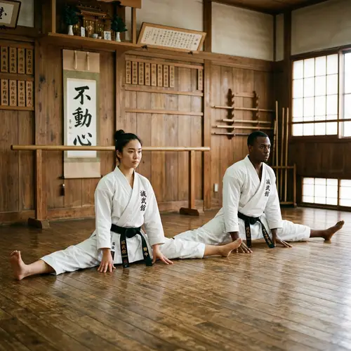 Diverse Male and Female Karateka Practicing Middle Split Exercise