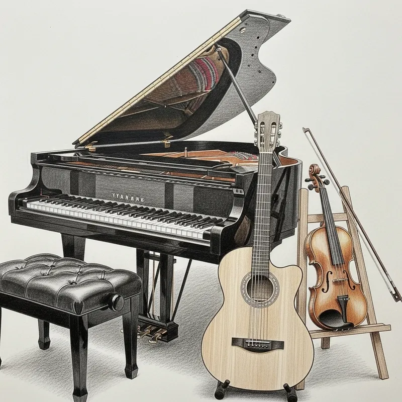 Pencil Drawing of Piano, Guitar & Violin