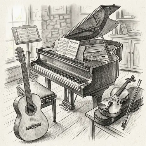 Pencil Drawing of Piano, Guitar & Violin