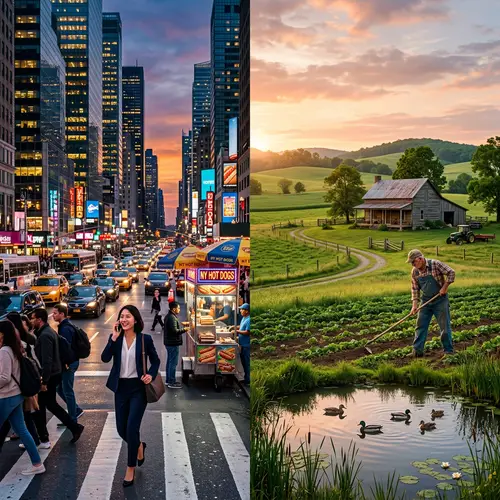 Dual Worlds: City and Rural Life Scene at Dusk and Dawn