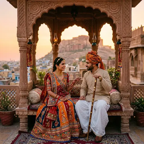 Rajasthani Couple in Traditional Attire Conversing Under Jharokha