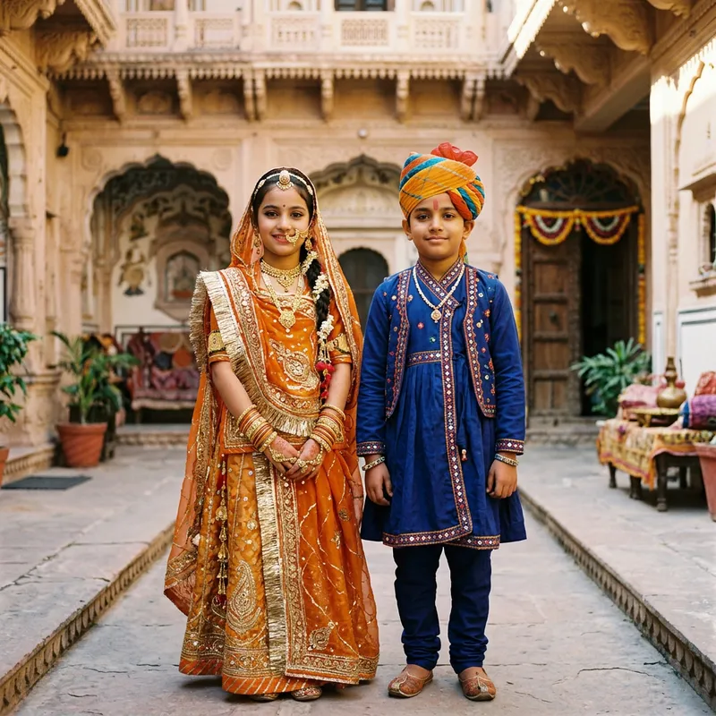 South Asian Rajasthani Poshak Girl and Traditional Boy South Asian Rajasthani Poshak Girl and Traditional Boy
