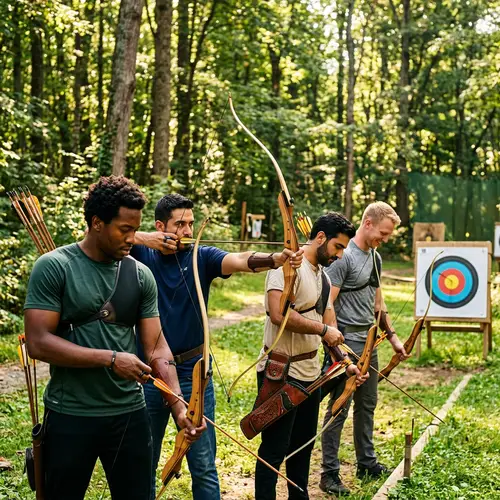 Diverse Group of Men in Archery Action - Lush Forest Scene