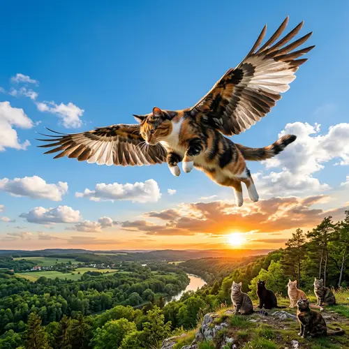 Flying Cat with Feathered Wings | Soaring Calico Feline