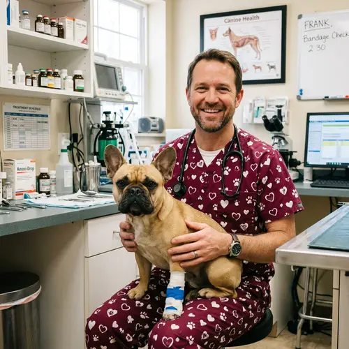Caring Veterinarian with French Bulldog at Clinic