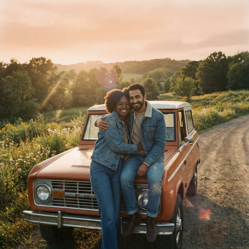 Capturing Love: Tender Moment with Young Couple on Vintage Car Capturing Love: Tender Moment with Young Couple on Vintage Car