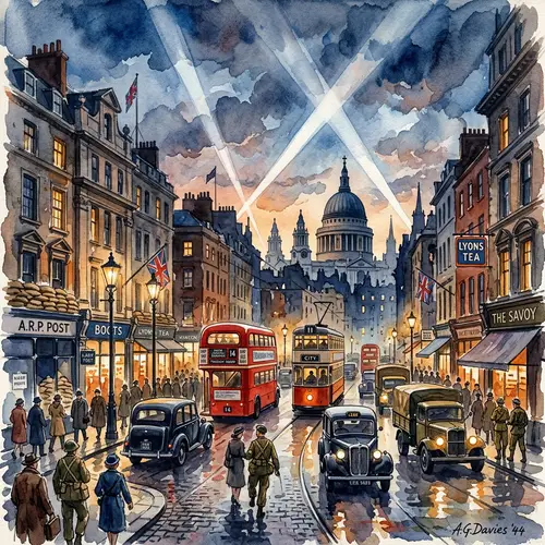 Vibrant WWII Cityscape Watercolor Art