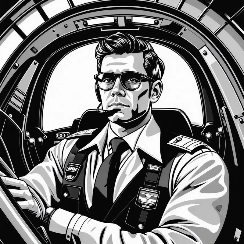 Pilot in Cockpit Illustration - Black and White Anime