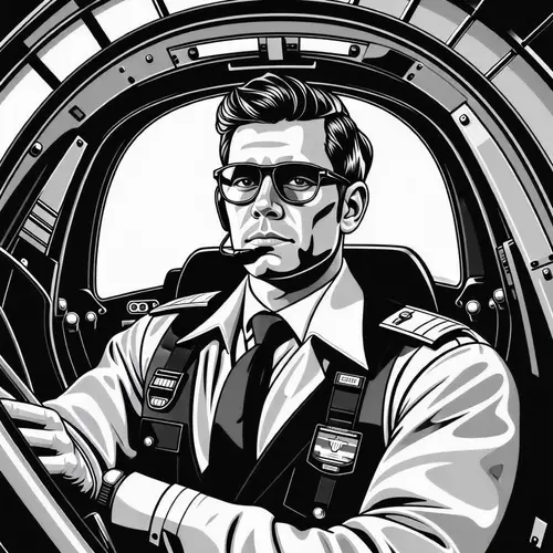 Pilot in Cockpit Illustration - Black and White Anime