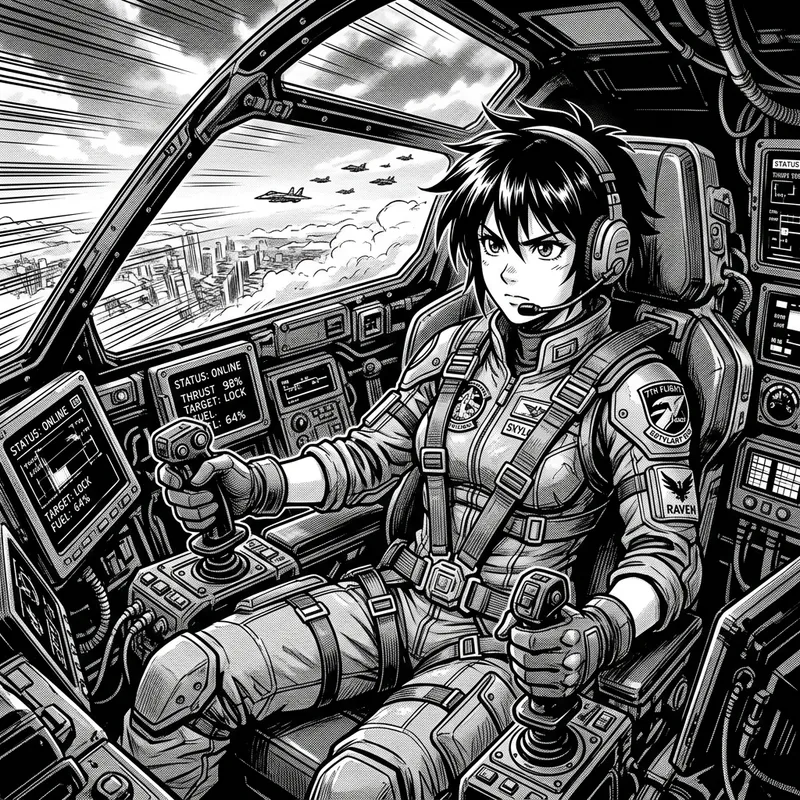 Pilot in Cockpit Illustration - Black and White Anime