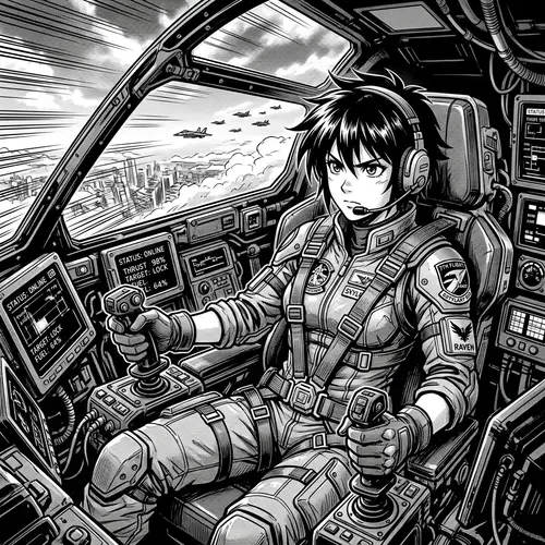 Pilot in Cockpit Illustration - Black and White Anime