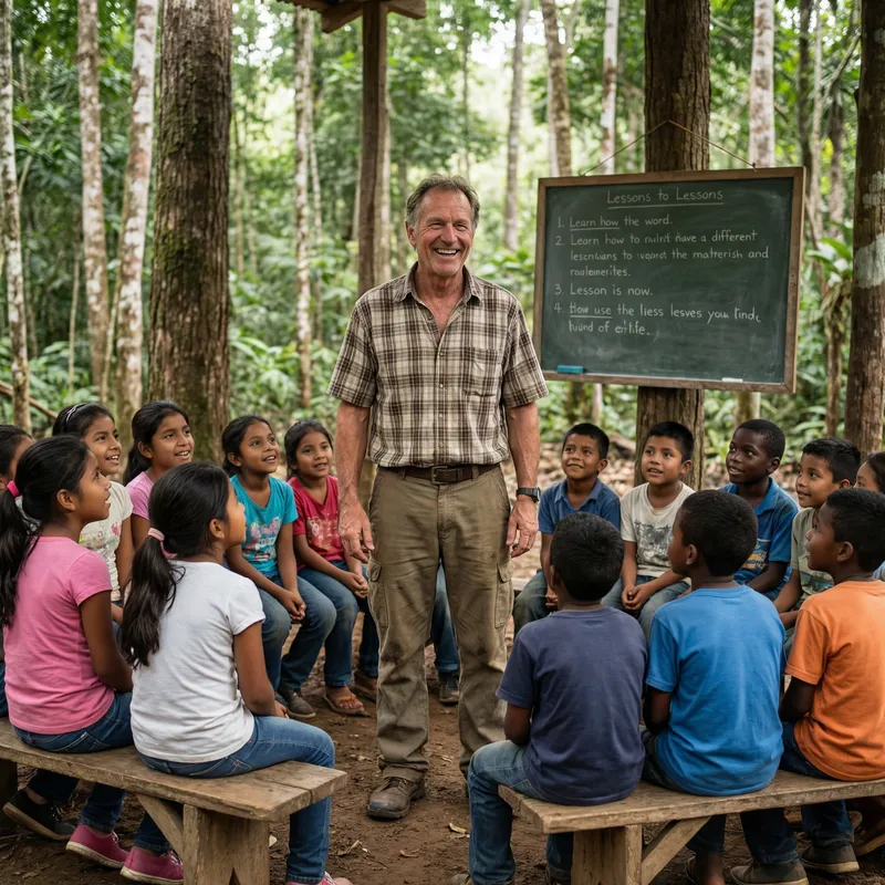 Happy Teacher Engaging Students in Rural Classroom Setting