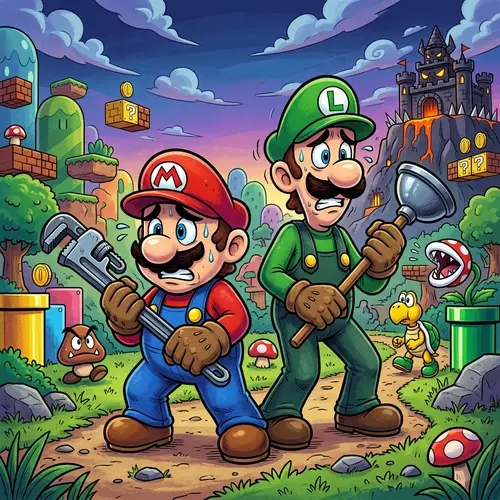 Plumber Brothers in Red and Green Outfits Ready for Battle