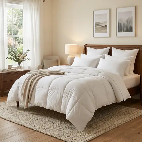 Pristine White Bed with Fluffy Pillows in a Calming Room