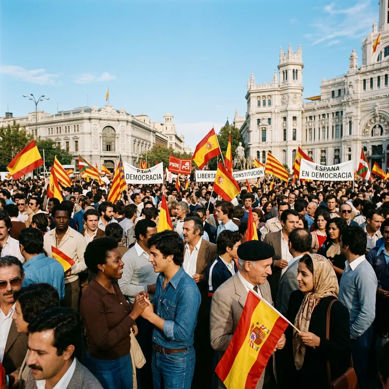 Transition to Democracy in Spain with Diverse Crowds | Symbolism of Hope, Unity, and Anticipation
