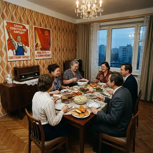 Soviet-Era Dining Room | Elegant Wooden Furniture & Russian Cuisine