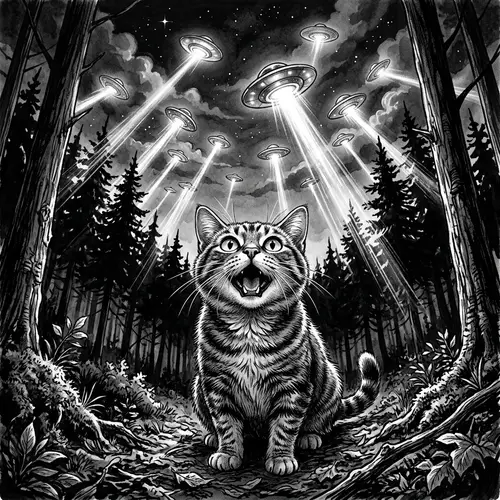 Captivating Black and White Illustration of Cat and UFOs