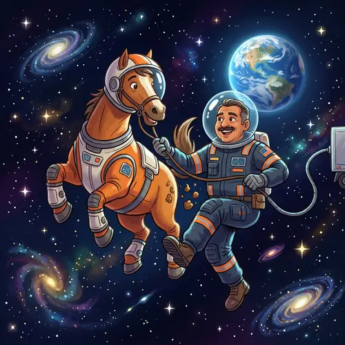 Hispanic Truck Driver Dances with Space Horse | Cosmic Illustration