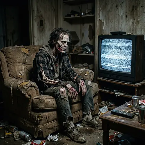Zombie Watching TV - Creepy Image of Couch Potato Undead