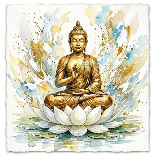 Serene Buddha Statue on White Lotus | Tranquil Watercolor Art
