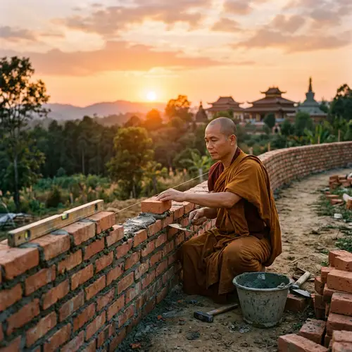 Buddhist Monk Building Brick Wall at Sunset