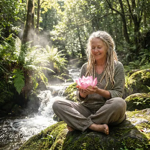 Caucasian Woman Meditating with Blossoming Flower | Serene Environment