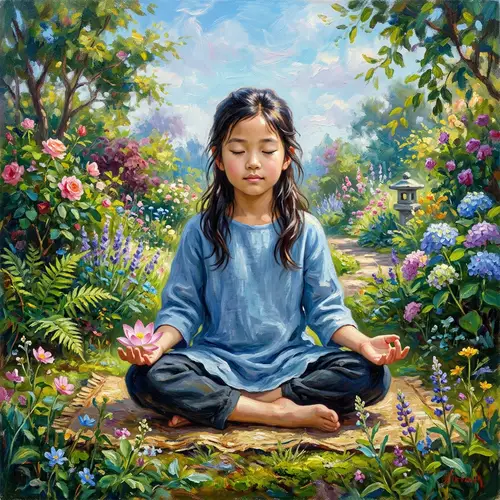Asian Girl Meditating in Peaceful Garden - Oil Painting Artwork